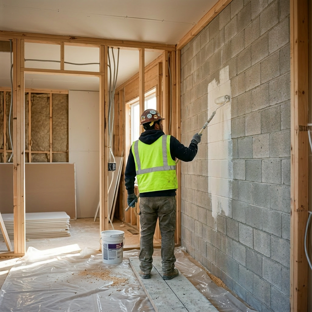 Ouvrier appliquant peinture intérieure dans maison en chantier