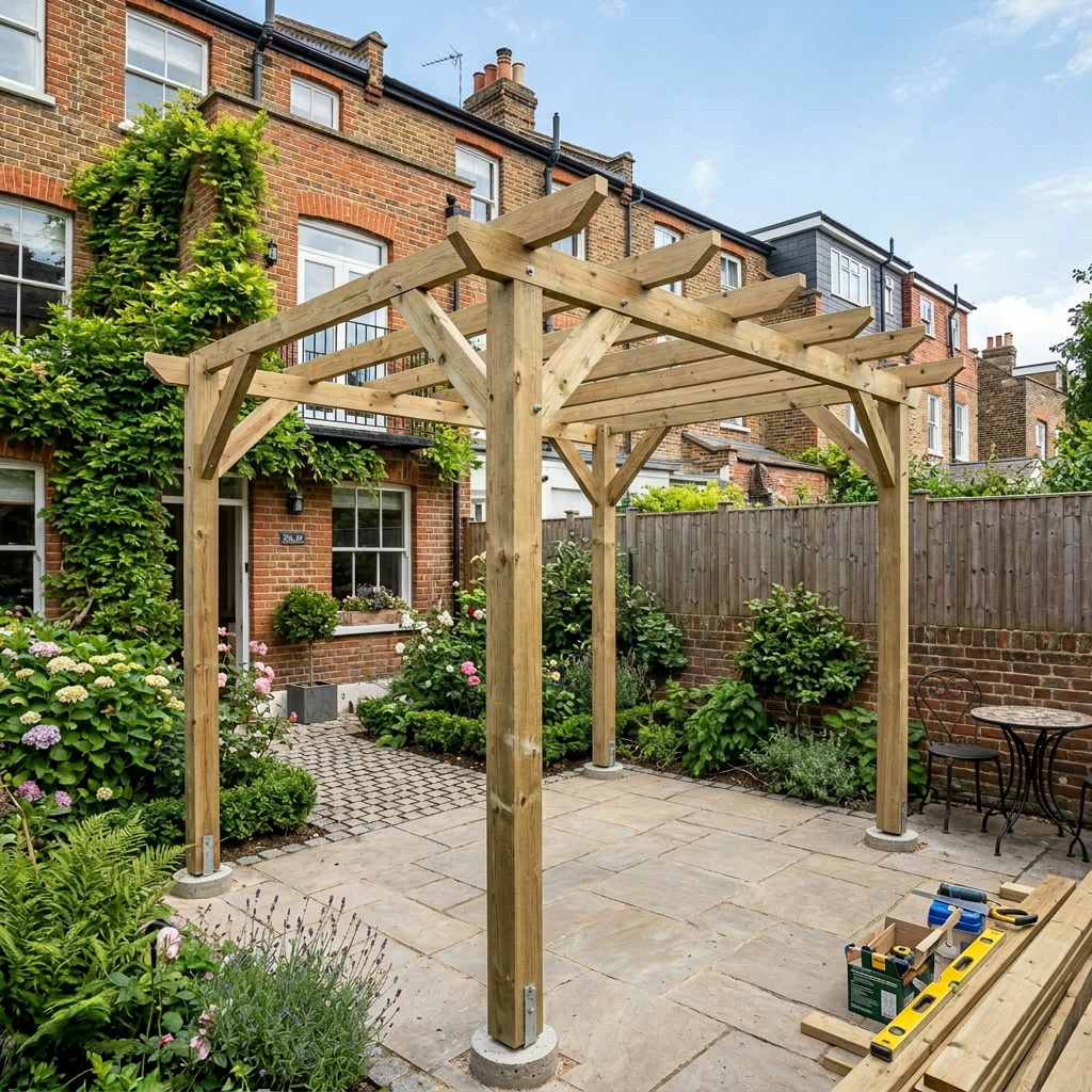 Two men constructing a wooden pergola structure in a garden patio area.