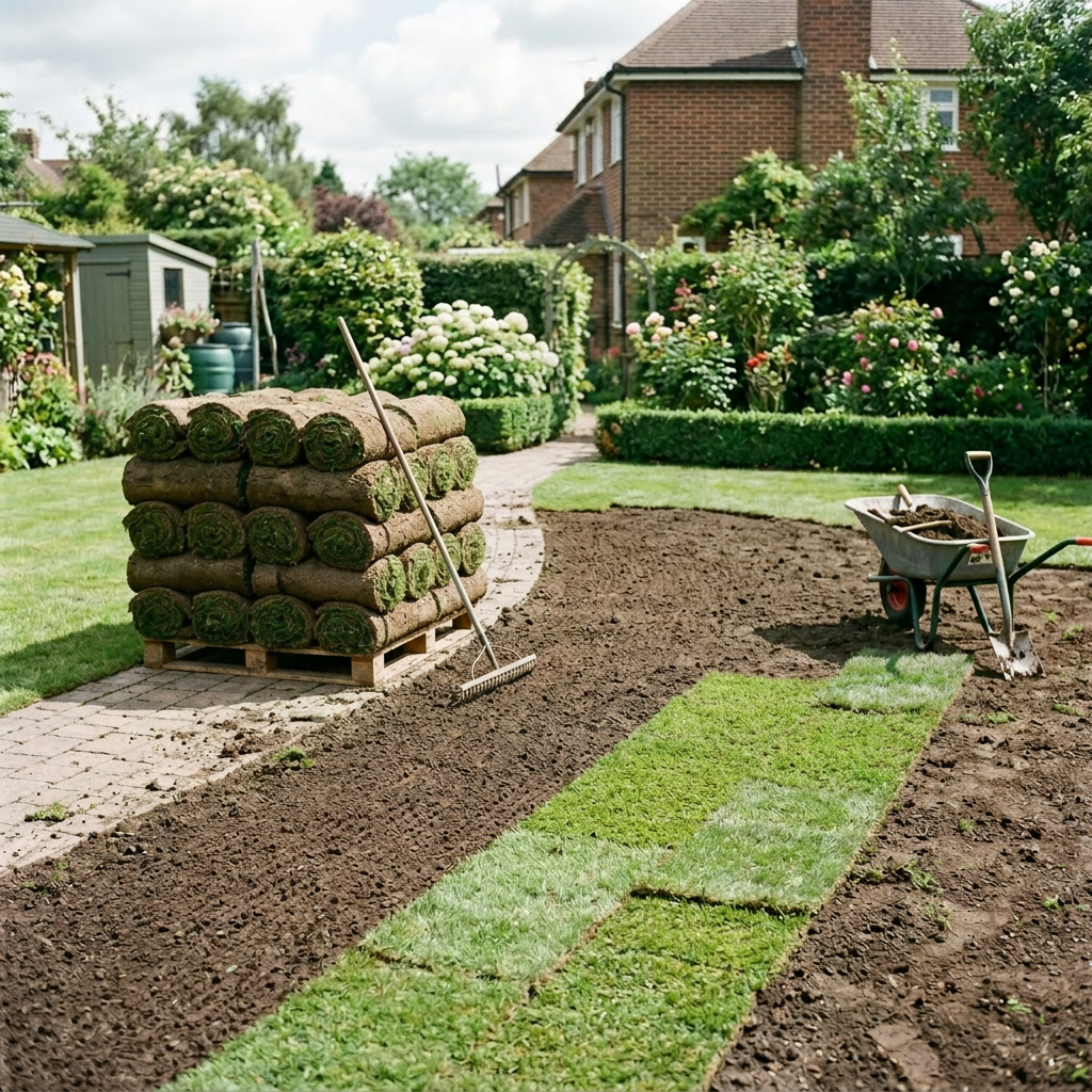 Gardener kneeling on soil rolling out fresh sod to establish a new lawn